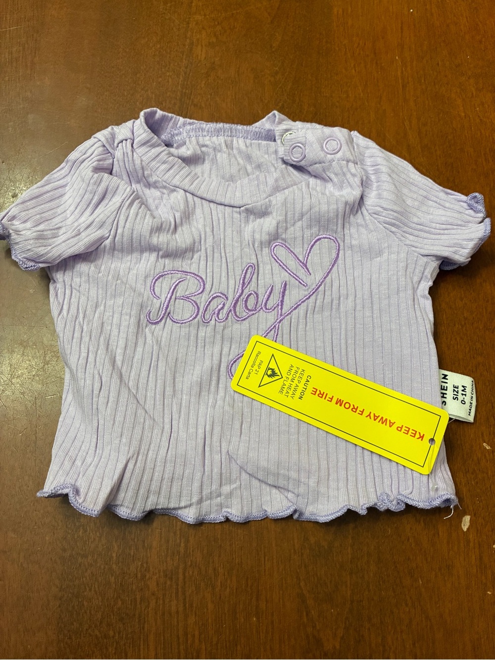 SHEIN Lilac Ribbed Short Sleeve Baby Tee with Heart Embroidery